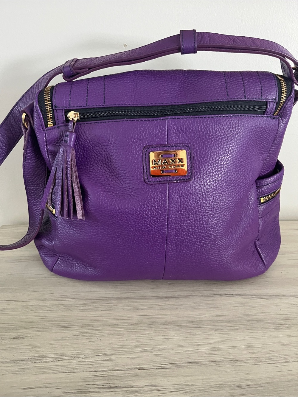 MAXX New York Purple Leather Tassel Crossbody Bag